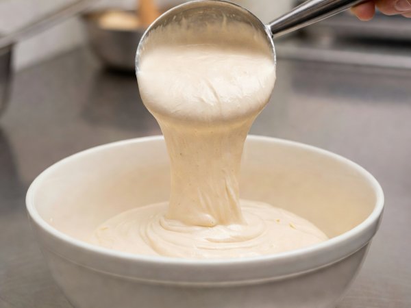 Thick muffin batter dropping slowly in a triangular sheet from a stainless portion scoop into a ceramic bowl