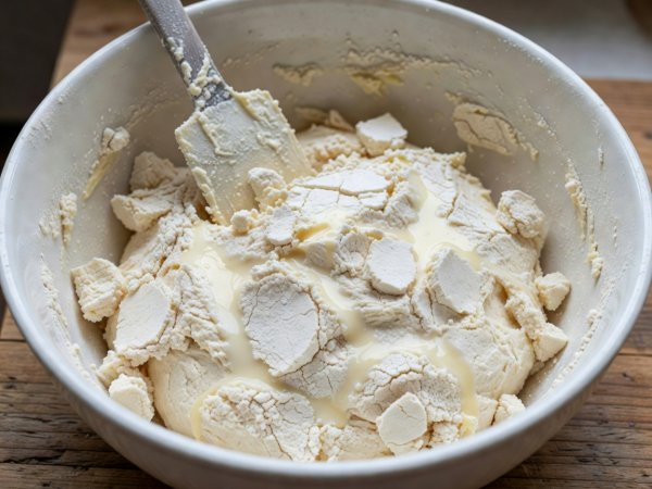Bowl of muffin batter after five spatula folds showing large dry flour islands and unblended buttermilk streams