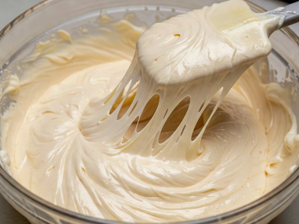 Overmixed muffin batter appearing glossy smooth and elastic as it stretches off a spatula