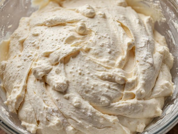 Cohesive lumpy muffin batter after twelve folds with tiny dusty flour flecks and a matte pebbled surface