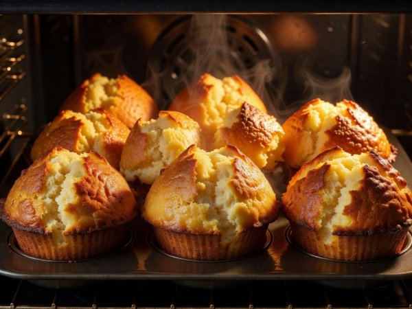 Dramatic side-lit view of tall muffin crowns rising and cracking golden brown inside an oven