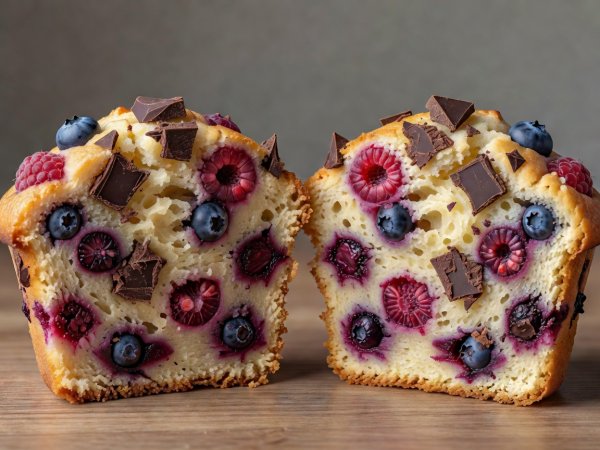 Cross-section of two test muffins showing evenly suspended wild berries and chopped dark chocolate chunks from base to crown